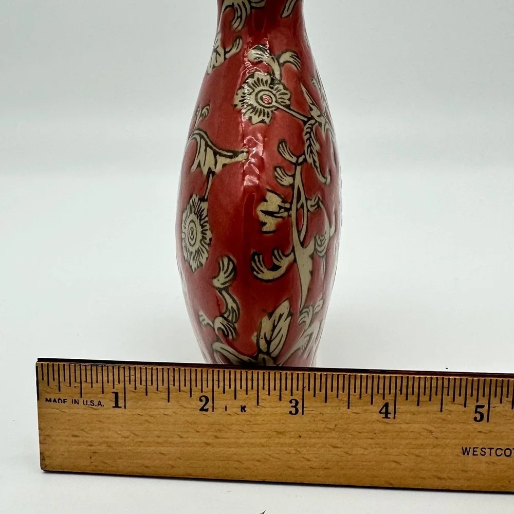 Vintage Chinoiserie Cizhou Style Red Ceramic Flat Pillow Vase Floral 5.5